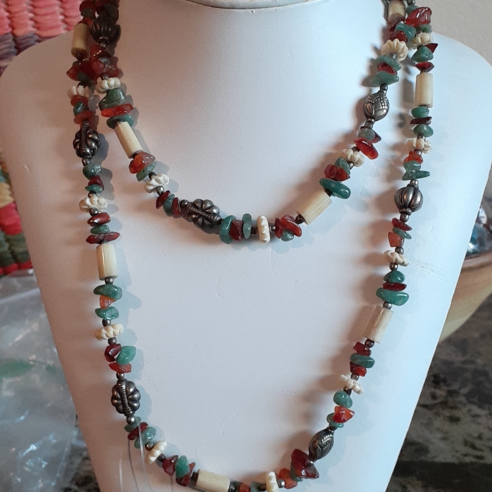 Antique Coral Amber Jade Silver Necklace